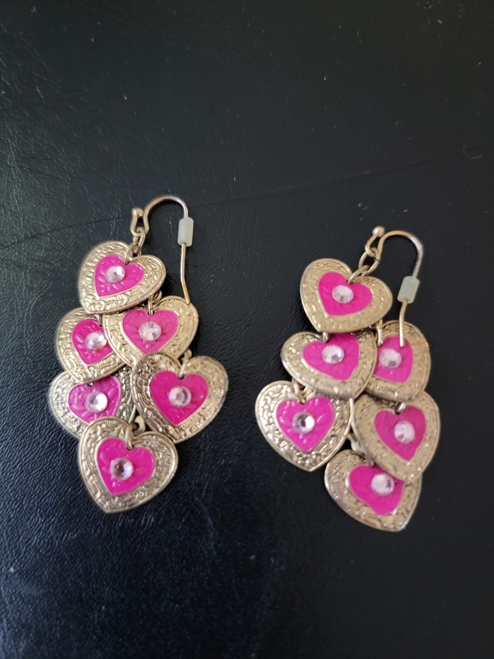 Gold and Hot Pink Heart Dangle Earrings